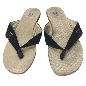 Halston Heritage black suede gold sandals flats size 7.5